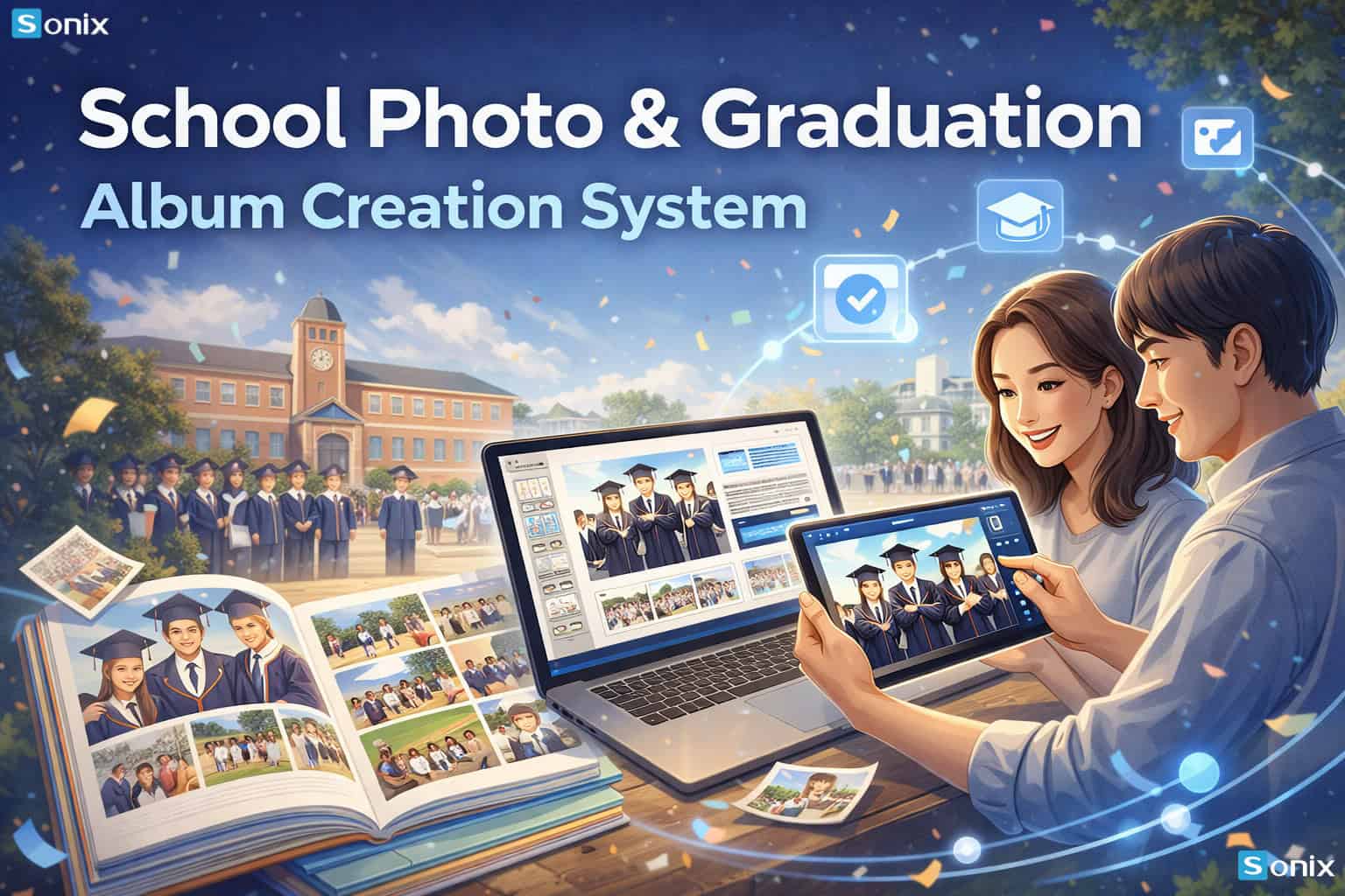 Hệ thống tạo album ảnh tốt nghiệp và ảnh trường học dễ sử dụng, giúp lưu giữ kỷ niệm học sinh và học.