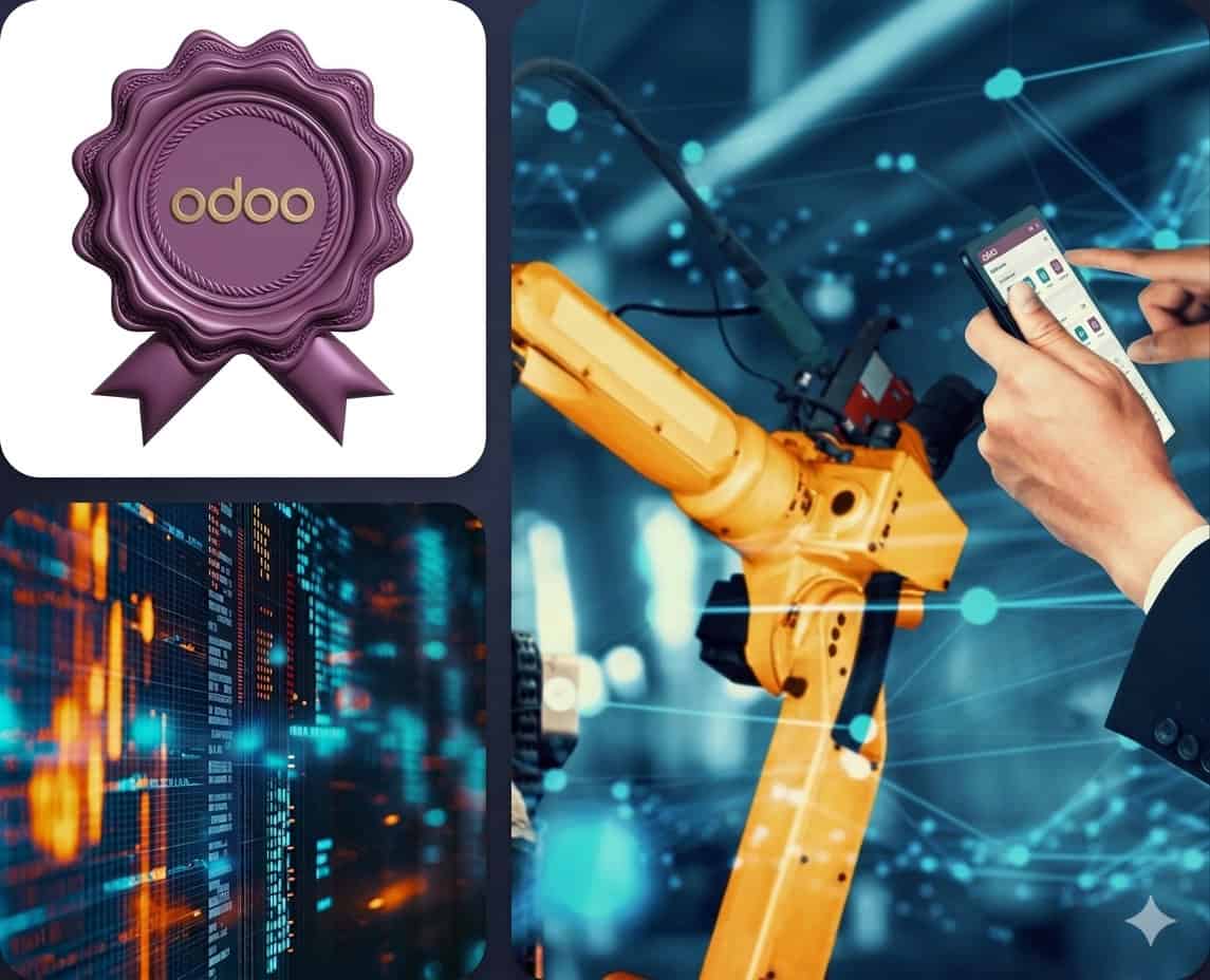 Huy hiệu sản xuất tự động hóa với robot và công nghệ số.