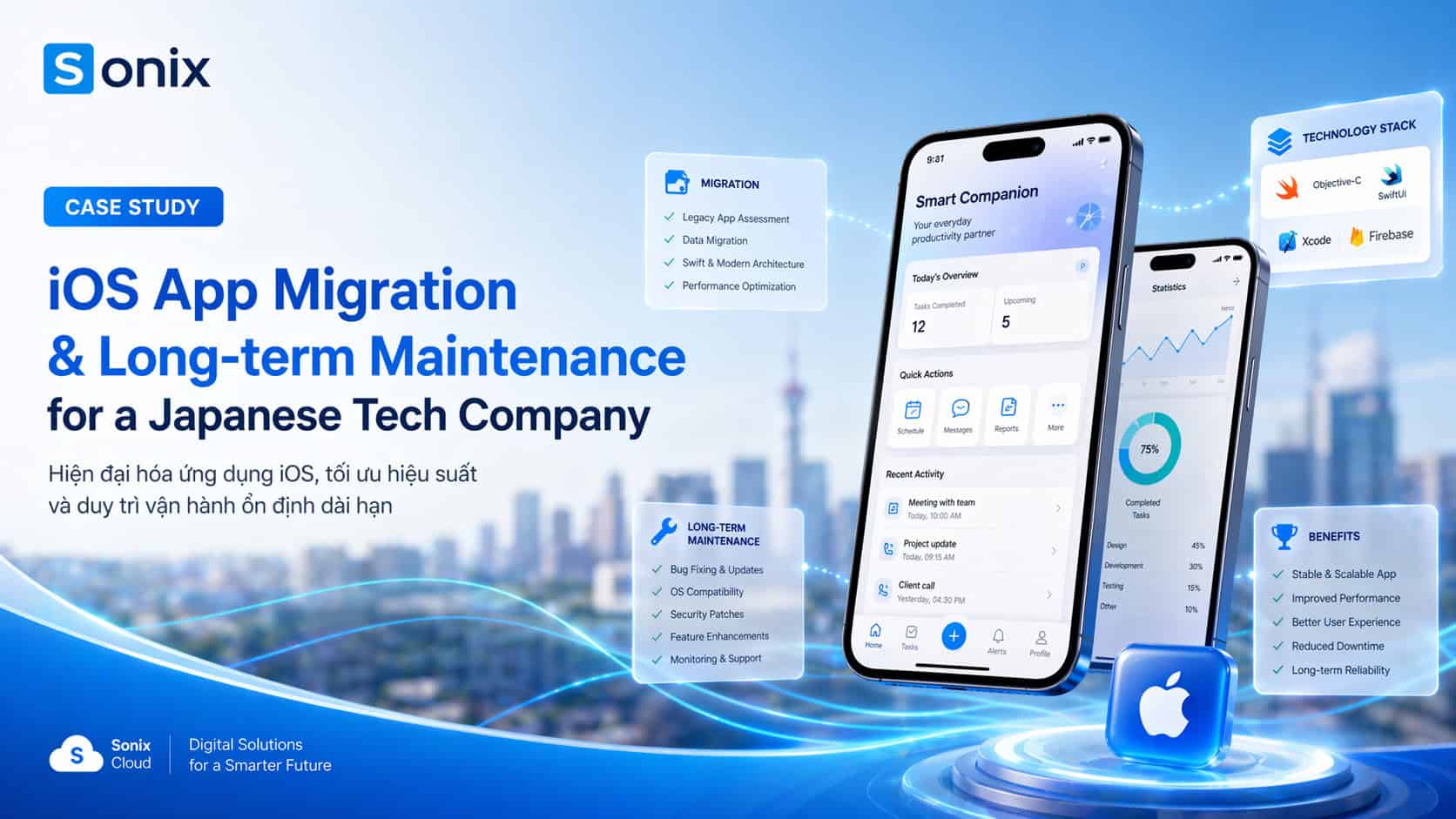 Ảnh minh họa chuyển đổi ứng dụng iOS và bảo trì dài hạn cho công ty công nghệ Nhật Bản.