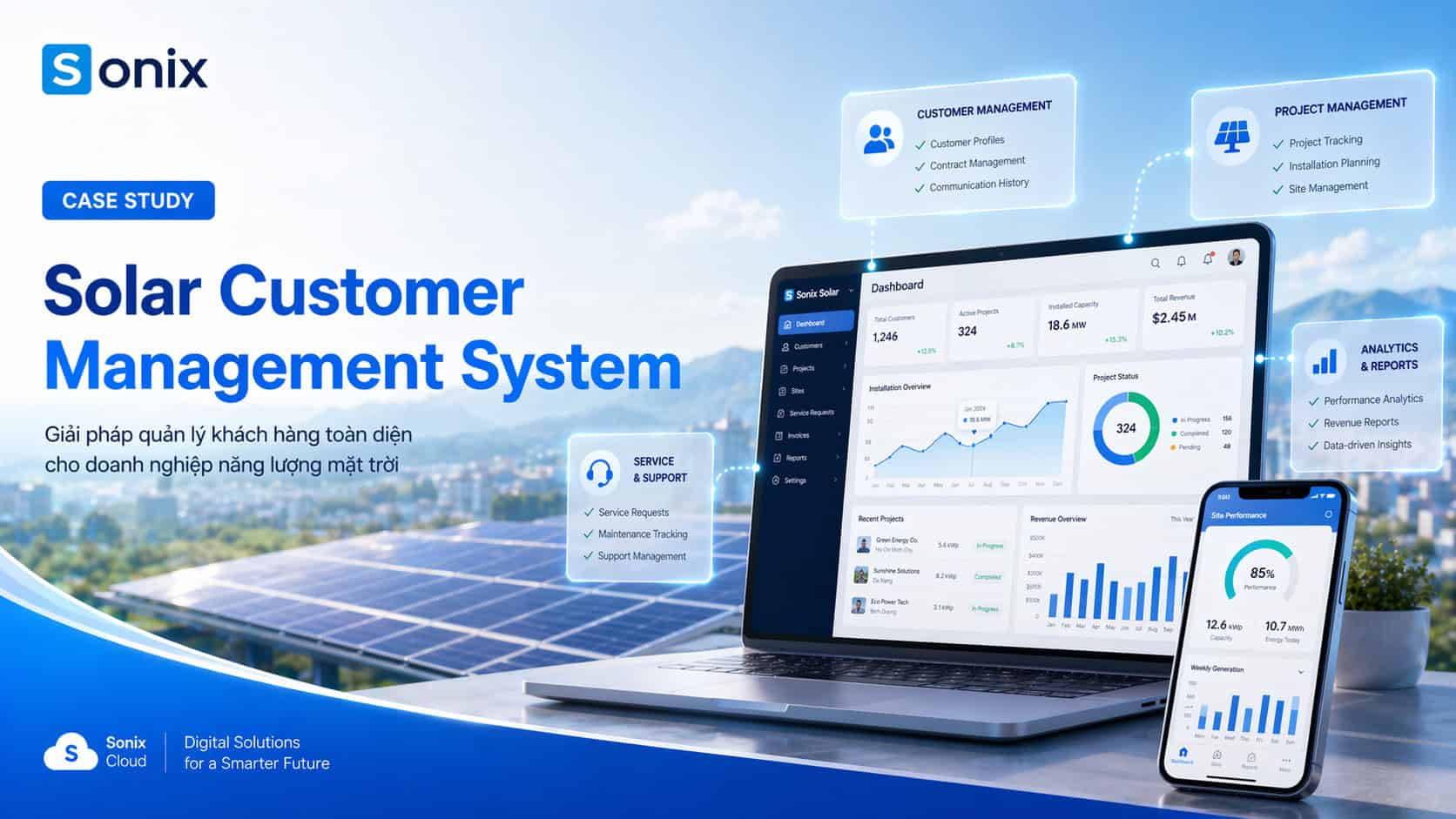 Giao diện hệ thống quản lý khách hàng năng lượng mặt trời trên máy tính và điện thoại thông minh.