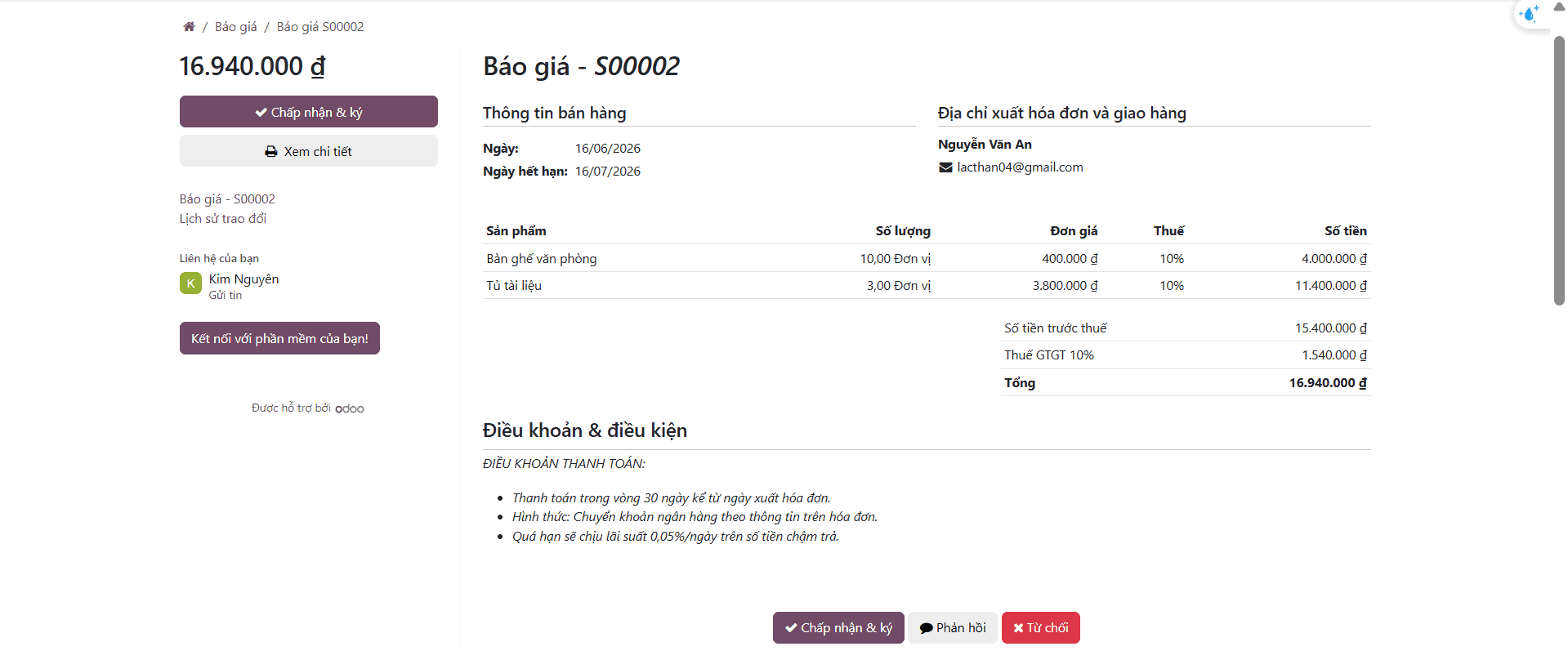 Demo Sales: tạo báo giá, xác nhận đơn hàng, chuyển hóa đơn 3 Giao diện Customer Portal trên Odoo nơi khách hàng xem báo giá online và thực hiện ký tên điện tử để chấp nhận đơn hàng.