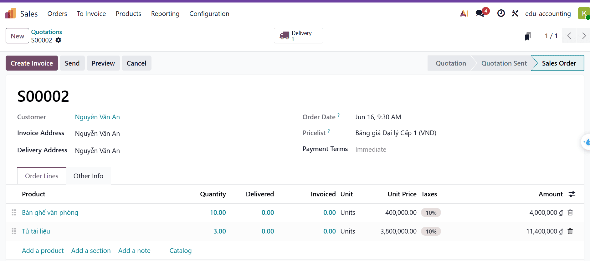 Demo Sales: tạo báo giá, xác nhận đơn hàng, chuyển hóa đơn 4 Màn hình backend Odoo Sales hiển thị báo giá đã được tự động chuyển trạng thái sang Đơn bán hàng (Sales Order) sau khi khách hàng ký nhận.