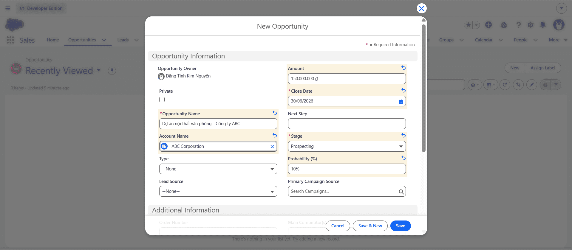 Demo: Tạo pipeline bán hàng Salesforce trong 3 phút 2 Bước 1: Hướng dẫn cách tạo pipeline bán hàng Salesforce bằng việc nhập thông tin Opportunity