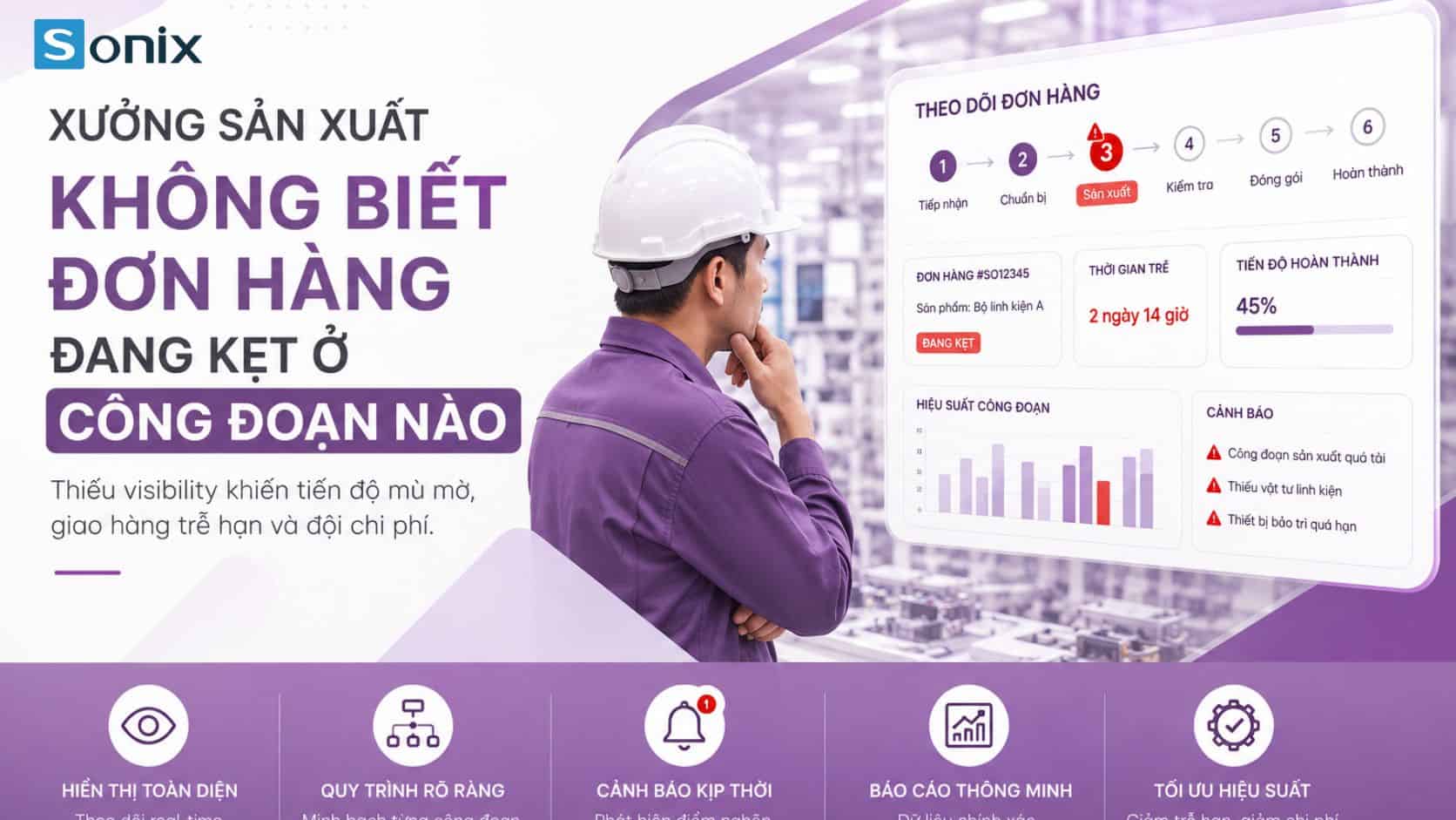 Nhân viên kiểm tra tiến độ sản xuất qua màn hình hiển thị dữ liệu.