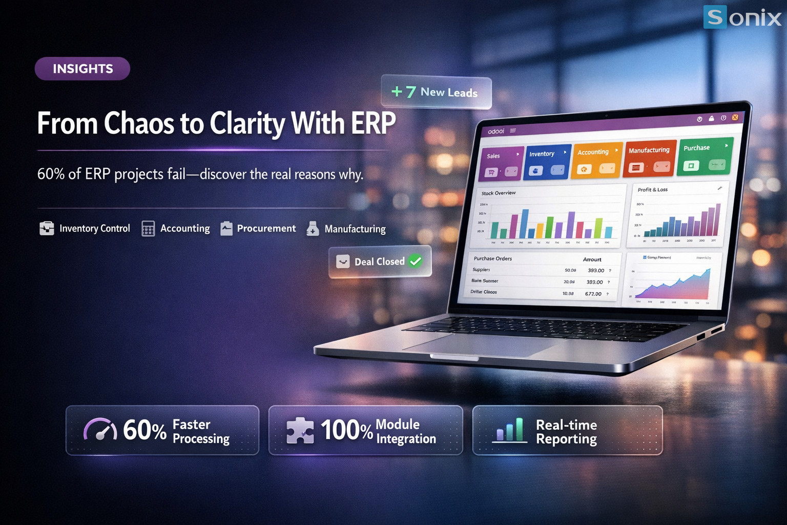 Giao diện phần mềm ERP của Sonix hiển thị biểu đồ và dữ liệu phân tích.
