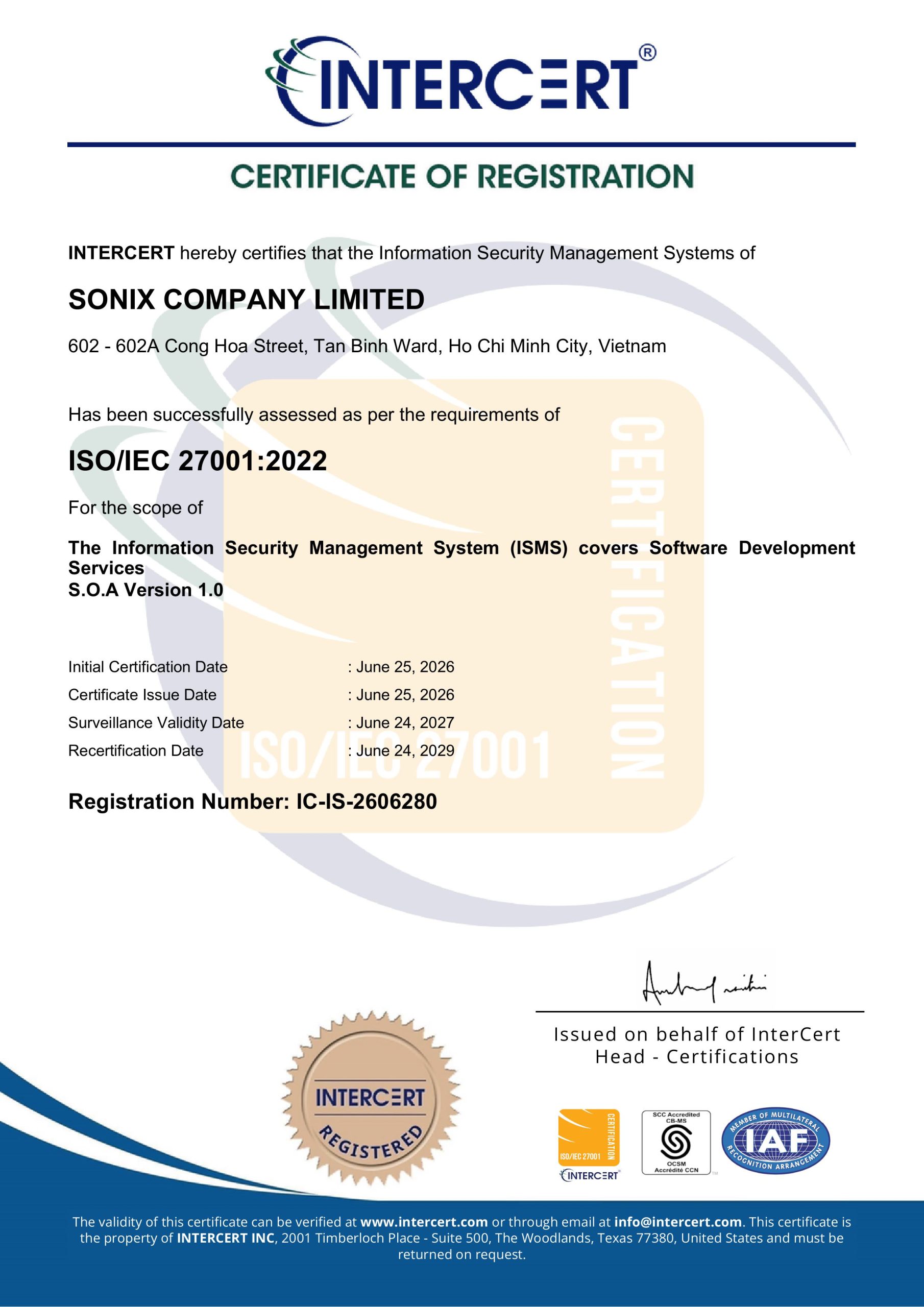 Giấy chứng nhận ISO/IEC 27001:2022 do INTERCERT cấp cho Sonix Company Limited, số đăng ký IC-IS-2606280