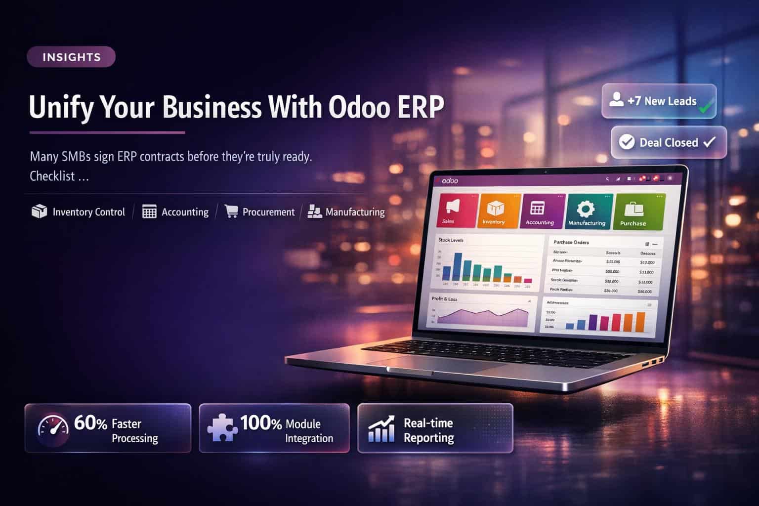 Hình ảnh màn hình ERP Odoo trên laptop với biểu đồ và số liệu phân tích.